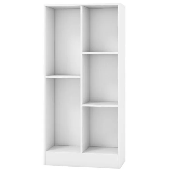 Bibliothèque à 5 Cases Meuble de Rangement Autoportant avec 2 Kits Anti-basculement Etagère d'Affichage en Bois de 50 cm Blanc
