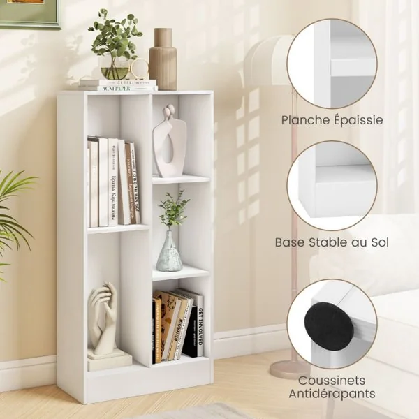 Bibliothèque à 5 Cases Meuble de Rangement Autoportant avec 2 Kits Anti-basculement Etagère d'Affichage en Bois de 50 cm Blanc