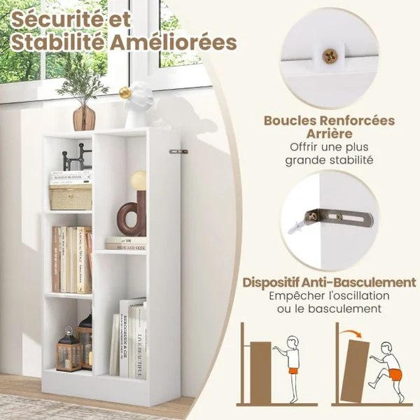 Bibliothèque à 5 Cases Meuble de Rangement Autoportant avec 2 Kits Anti-basculement Etagère d'Affichage en Bois de 50 cm Blanc