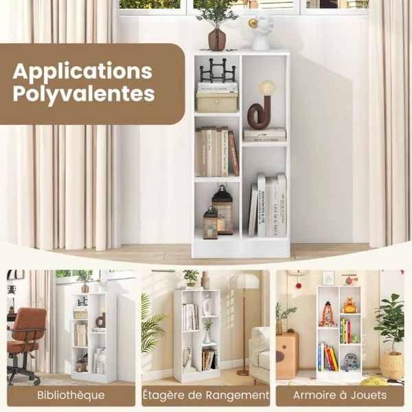 Bibliothèque à 5 Cases Meuble de Rangement Autoportant avec 2 Kits Anti-basculement Etagère d'Affichage en Bois de 50 cm Blanc