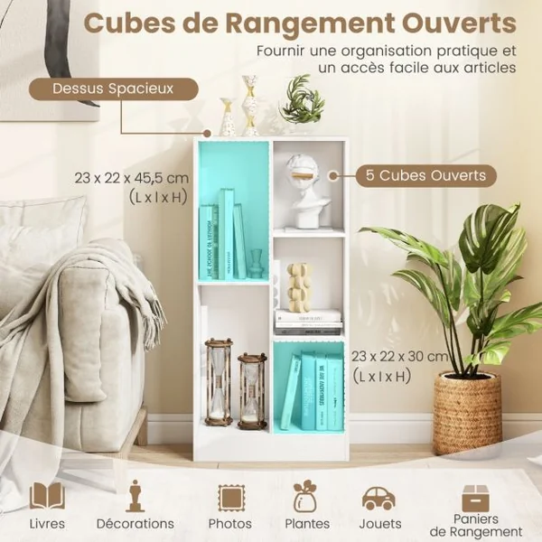 Bibliothèque à 5 Cases Meuble de Rangement Autoportant avec 2 Kits Anti-basculement Etagère d'Affichage en Bois de 50 cm Blanc