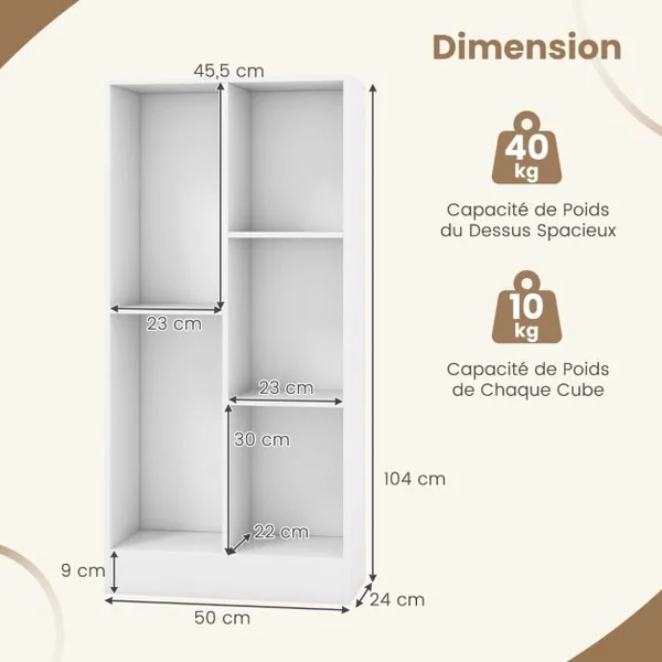 Bibliothèque à 5 Cases Meuble de Rangement Autoportant avec 2 Kits Anti-basculement Etagère d'Affichage en Bois de 50 cm Blanc