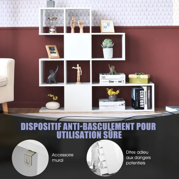 Bibliothèque à 5 Niveaux 120x19,5x109 CM Étagère de Rangement avec Dispositif Anti-basculement et Patins Antidérapants Blanc et Noir/Blanc/Café