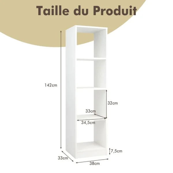 Bibliothèque à 5 Niveaux 38 x 33 x 142 CM en Bois pour Cuisine Bureau Salon Salle d'Étude Blanche