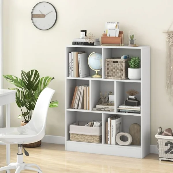 Bibliothèque à 7 Cases Meuble de Rangement Autoportant avec 2 Kits Anti-basculement tagère d'Affichage en Bois de 80 cm Blanc