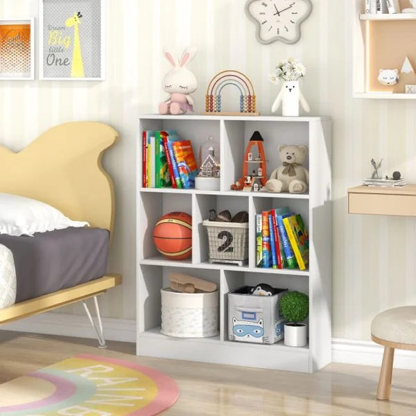 Bibliothèque à 7 Cases Meuble de Rangement Autoportant avec 2 Kits Anti-basculement tagère d'Affichage en Bois de 80 cm Blanc