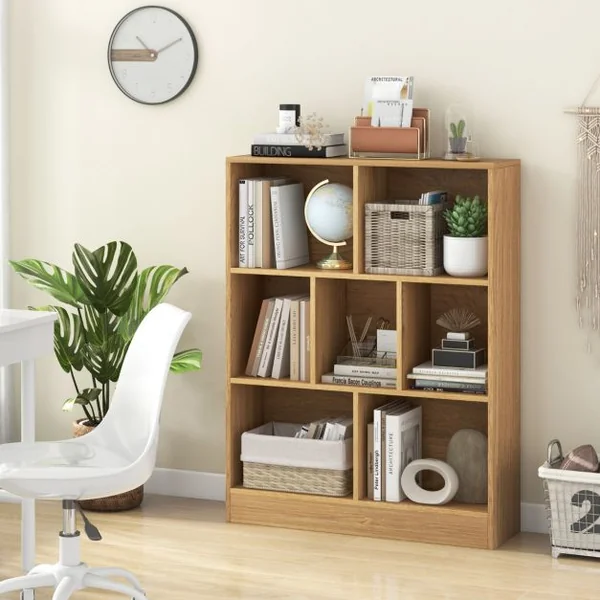 Bibliothèque à 7 Cases Meuble de Rangement Autoportant avec 2 Kits Anti-basculement tagère d'Affichage en Bois de 80 cm Blanc