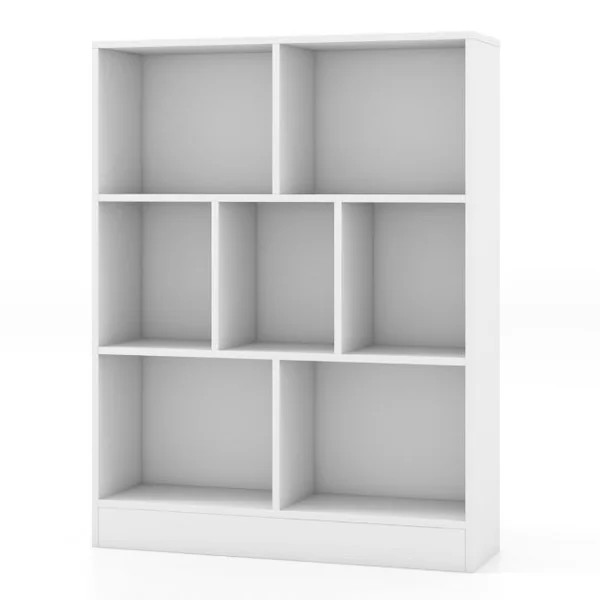 Bibliothèque à 7 Cases Meuble de Rangement Autoportant avec 2 Kits Anti-basculement tagère d'Affichage en Bois de 80 cm Blanc
