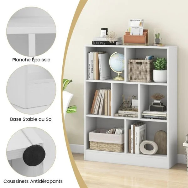 Bibliothèque à 7 Cases Meuble de Rangement Autoportant avec 2 Kits Anti-basculement tagère d'Affichage en Bois de 80 cm Blanc
