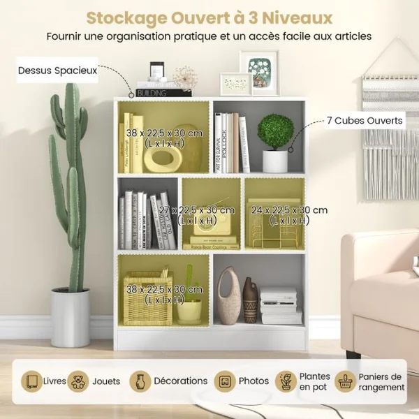 Bibliothèque à 7 Cases Meuble de Rangement Autoportant avec 2 Kits Anti-basculement tagère d'Affichage en Bois de 80 cm Blanc