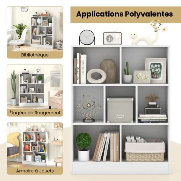 Bibliothèque à 7 Cases Meuble de Rangement Autoportant avec 2 Kits Anti-basculement tagère d'Affichage en Bois de 80 cm Blanc