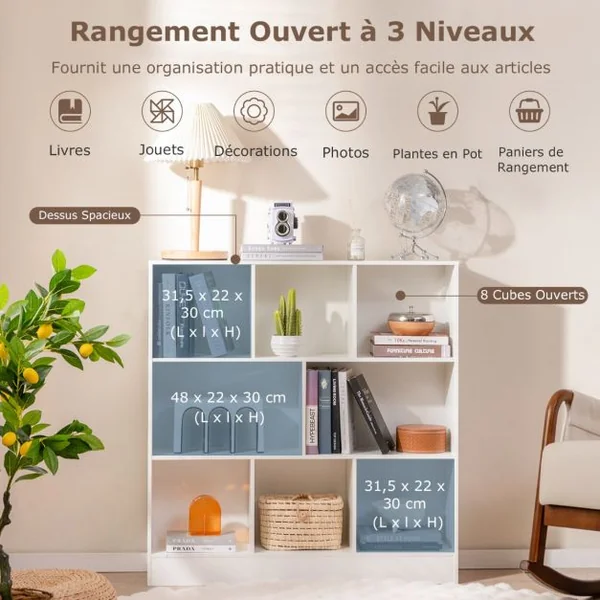Bibliothèque à 8 Cubes Organiseur de Rangement Autoportant à 3 Niveaux Etagère d'Affichage en Bois de 100 cm Naturel/Blanc