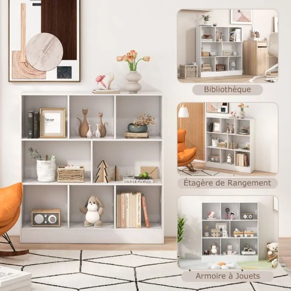 Bibliothèque à 8 Cubes Organiseur de Rangement Autoportant à 3 Niveaux Etagère d'Affichage en Bois de 100 cm Naturel/Blanc