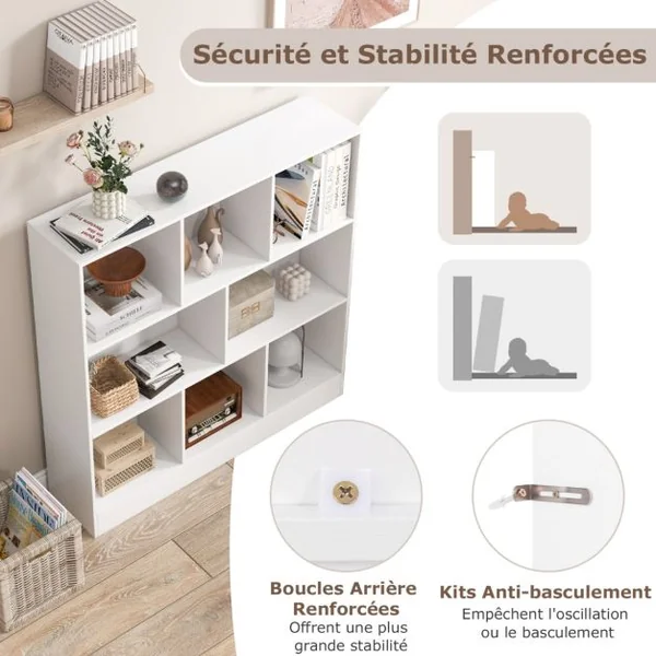 Bibliothèque à 8 Cubes Organiseur de Rangement Autoportant à 3 Niveaux Etagère d'Affichage en Bois de 100 cm Naturel/Blanc