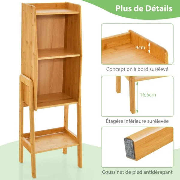 Bibliothèque Étagère Rangement en Bambou Meuble Case Compartiment Cube Pieds Bords Surélevés 26,5 x 37 x 113 CM Naturel