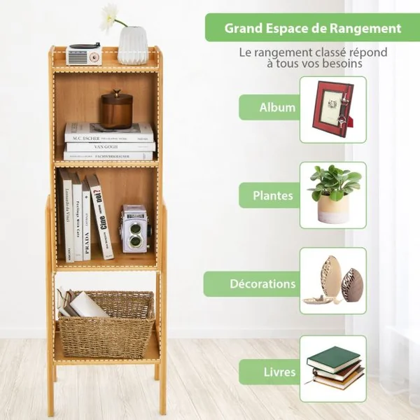 Bibliothèque Étagère Rangement en Bambou Meuble Case Compartiment Cube Pieds Bords Surélevés 26,5 x 37 x 113 CM Naturel