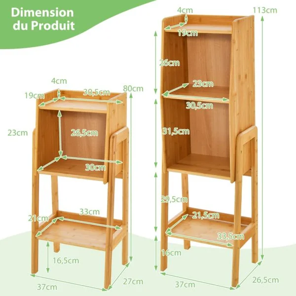 Bibliothèque Étagère Rangement en Bambou Meuble Case Compartiment Cube Pieds Bords Surélevés 26,5 x 37 x 113 CM Naturel