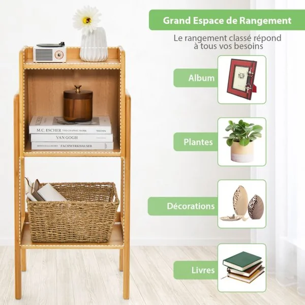 Bibliothèque Étagère Rangement en Bambou Meuble Case Compartiment Cube Pieds Bords Surélevés 27 x 37 x 80CM Naturel