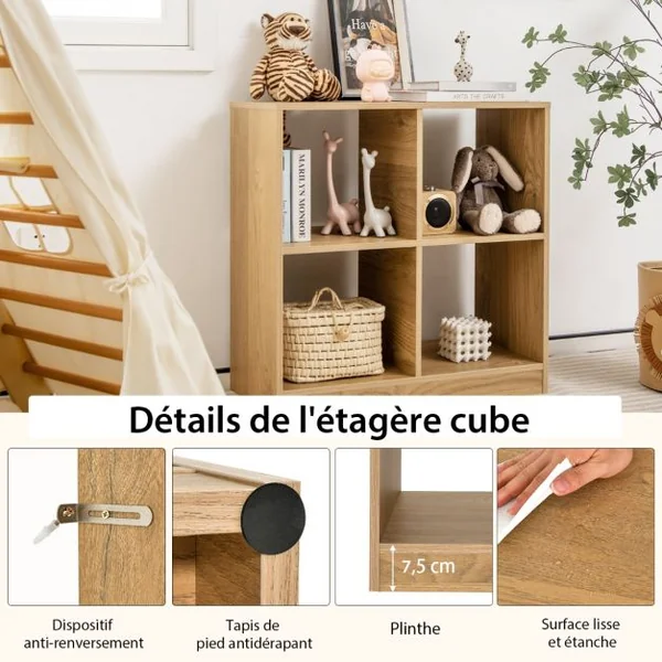 Bibliothèque Étagère Rangement à 3 Niveaux avec 4 Compartiments Ouverts Meuble Cube de Rangement en Bois 73 x 33 x 73cm Naturel