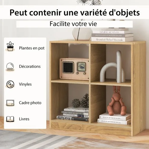 Bibliothèque Étagère Rangement à 3 Niveaux avec 4 Compartiments Ouverts Meuble Cube de Rangement en Bois 73 x 33 x 73cm Naturel