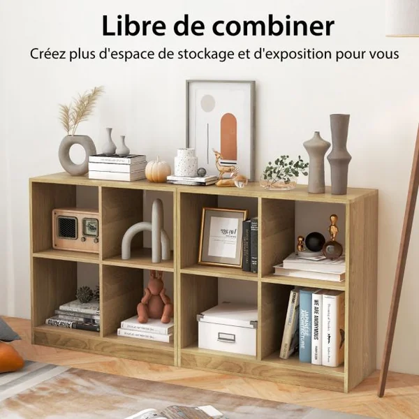 Bibliothèque Étagère Rangement à 3 Niveaux avec 4 Compartiments Ouverts Meuble Cube de Rangement en Bois 73 x 33 x 73cm Naturel