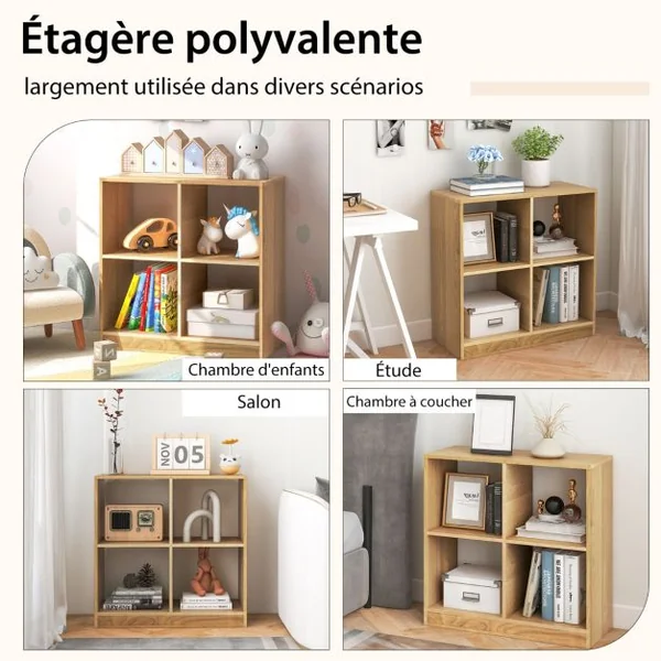 Bibliothèque Étagère Rangement à 3 Niveaux avec 4 Compartiments Ouverts Meuble Cube de Rangement en Bois 73 x 33 x 73cm Naturel