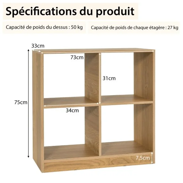 Bibliothèque Étagère Rangement à 3 Niveaux avec 4 Compartiments Ouverts Meuble Cube de Rangement en Bois 73 x 33 x 73cm Naturel