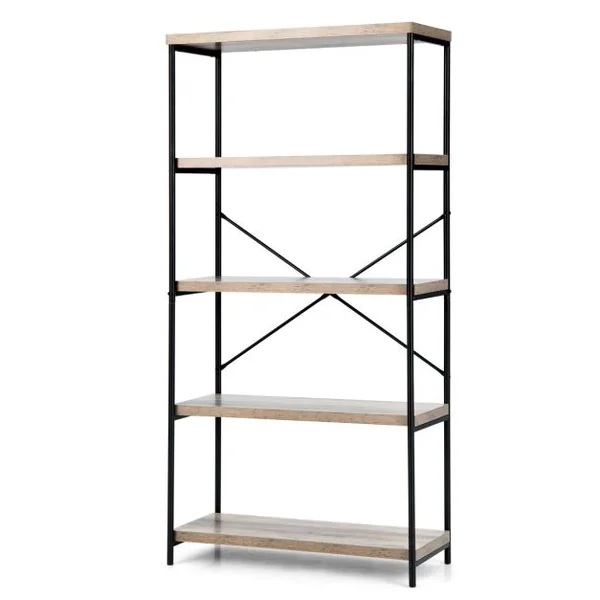 Bibliothèque Étagère à 5 Niveaux Meuble de Rangement Industriel avec Cadre en Métal et Dispositif Anti-Basculement Gris/Marron