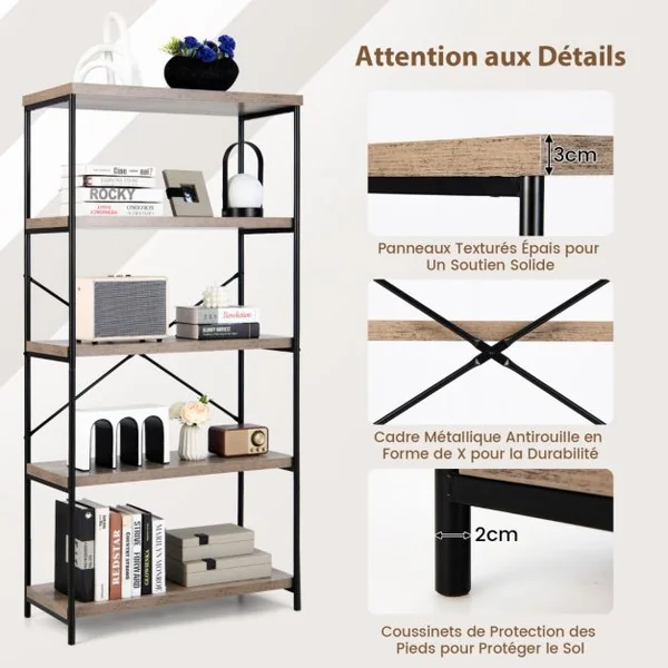 Bibliothèque Étagère à 5 Niveaux Meuble de Rangement Industriel avec Cadre en Métal et Dispositif Anti-Basculement Gris/Marron