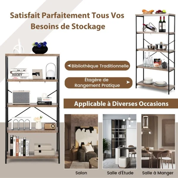 Bibliothèque Étagère à 5 Niveaux Meuble de Rangement Industriel avec Cadre en Métal et Dispositif Anti-Basculement Gris/Marron