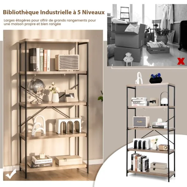 Bibliothèque Étagère à 5 Niveaux Meuble de Rangement Industriel avec Cadre en Métal et Dispositif Anti-Basculement Gris/Marron