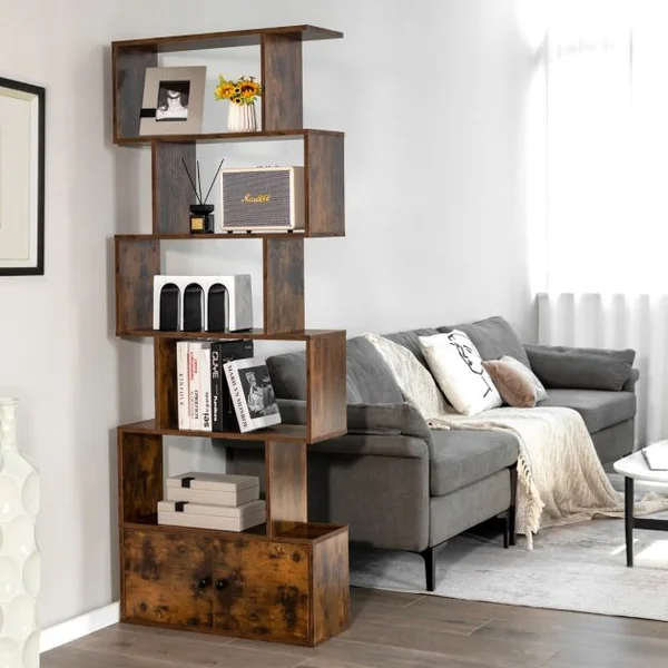 Bibliothèque Étagère Échelle en Bois à 6 niveaux avec 2 Portes 70x23x183 cm Style Moderne Forme en S Marron Rustique/Blanc/Noir