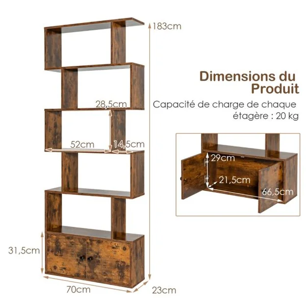 Bibliothèque Étagère Échelle en Bois à 6 niveaux avec 2 Portes 70x23x183 cm Style Moderne Forme en S Marron Rustique/Blanc/Noir