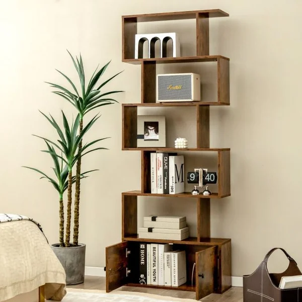 Bibliothèque Étagère Échelle en Bois à 6 niveaux avec 2 Portes 70x23x183 cm Style Moderne Forme en S Marron Rustique/Blanc/Noir