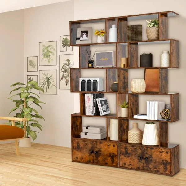 Bibliothèque Étagère Échelle en Bois à 6 niveaux avec 2 Portes 70x23x183 cm Style Moderne Forme en S Marron Rustique/Blanc/Noir