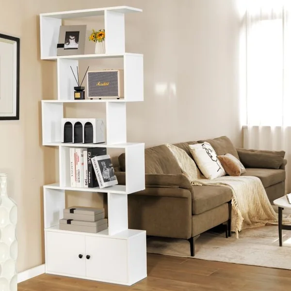 Bibliothèque Étagère Échelle en Bois à 6 niveaux avec 2 Portes 70x23x183 cm Style Moderne Forme en S Marron Rustique/Blanc/Noir