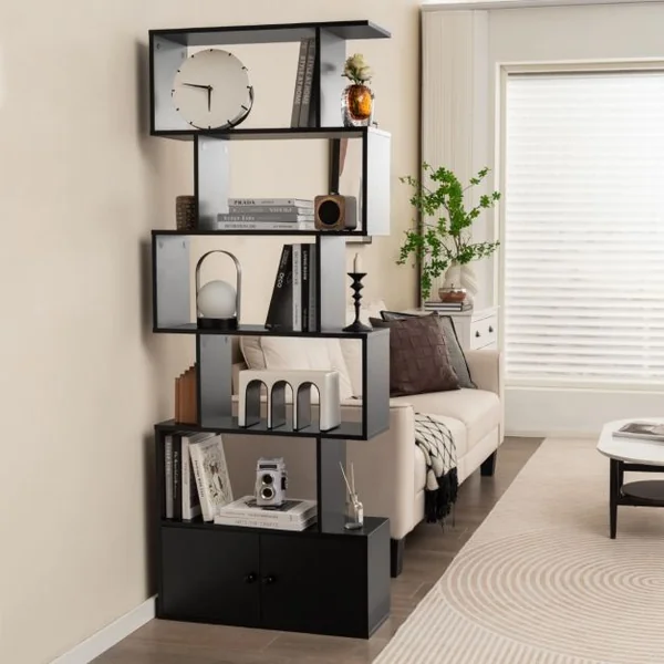 Bibliothèque Étagère Échelle en Bois à 6 niveaux avec 2 Portes 70x23x183 cm Style Moderne Forme en S Marron Rustique/Blanc/Noir