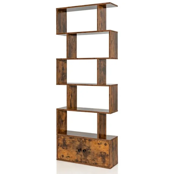 Bibliothèque Étagère Échelle en Bois à 6 niveaux avec 2 Portes 70x23x183 cm Style Moderne Forme en S Marron Rustique/Blanc/Noir