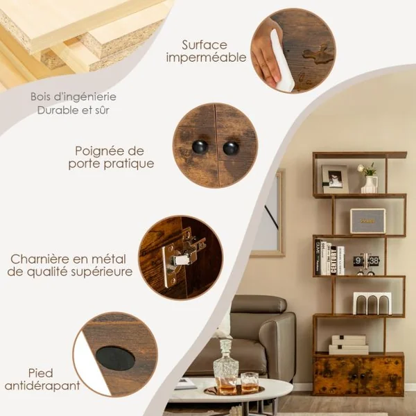 Bibliothèque Étagère Échelle en Bois à 6 niveaux avec 2 Portes 70x23x183 cm Style Moderne Forme en S Marron Rustique/Blanc/Noir