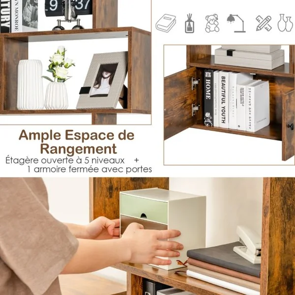 Bibliothèque Étagère Échelle en Bois à 6 niveaux avec 2 Portes 70x23x183 cm Style Moderne Forme en S Marron Rustique/Blanc/Noir