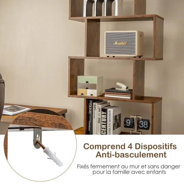 Bibliothèque Étagère Échelle en Bois à 6 niveaux avec 2 Portes 70x23x183 cm Style Moderne Forme en S Marron Rustique/Blanc/Noir