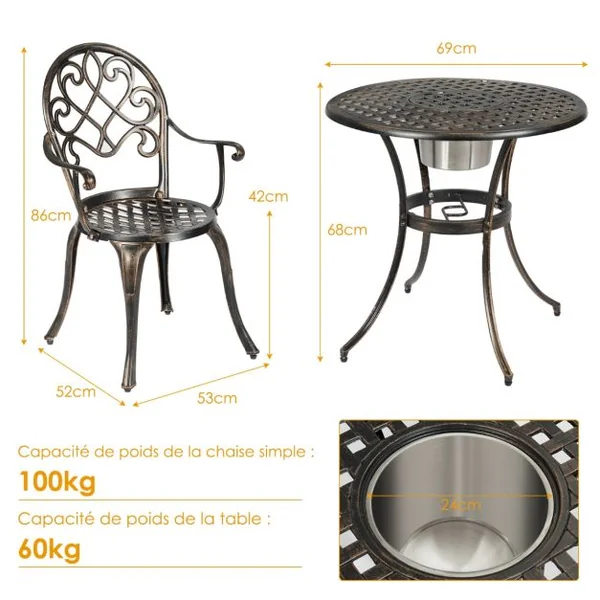 Bistrot pour Jardin 3 Pièces en Fonte d'Aluminium Charge 100KG