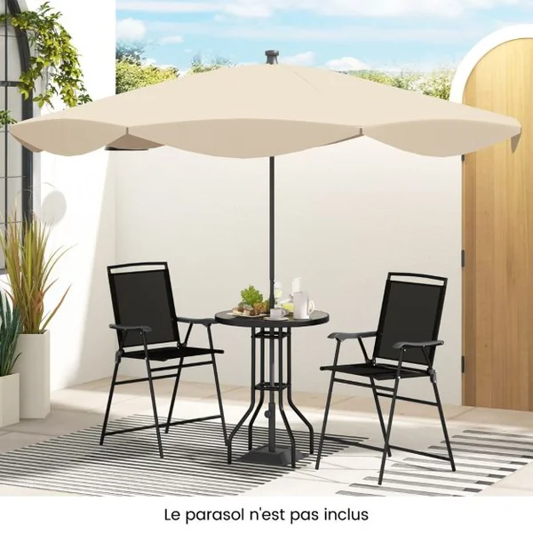Bistrot pour Patio 3 Pièces Table et Chaises Pliantes de Bar de Jardin avec Plateau de Table DPC Trou pour Parasol et Repose-pieds
