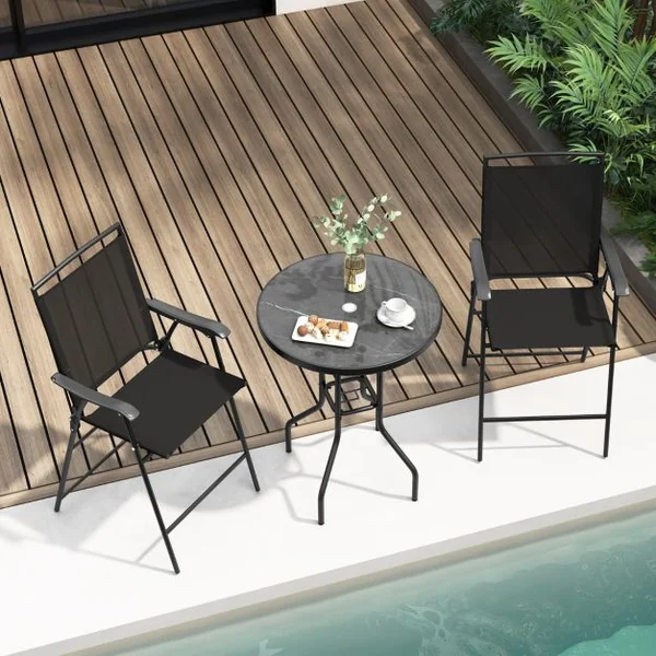 Bistrot pour Patio 3 Pièces Table et Chaises Pliantes de Bar de Jardin avec Plateau de Table DPC Trou pour Parasol et Repose-pieds
