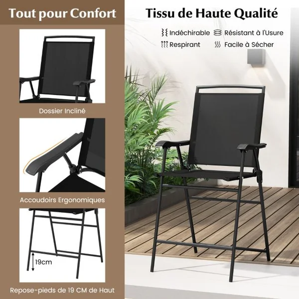 Bistrot pour Patio 3 Pièces Table et Chaises Pliantes de Bar de Jardin avec Plateau de Table DPC Trou pour Parasol et Repose-pieds
