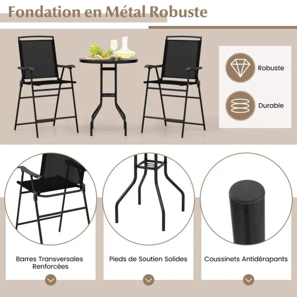 Bistrot pour Patio 3 Pièces Table et Chaises Pliantes de Bar de Jardin avec Plateau de Table DPC Trou pour Parasol et Repose-pieds