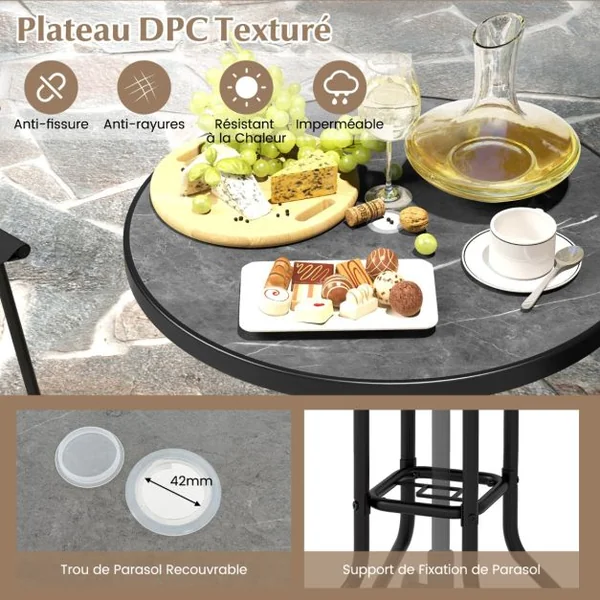 Bistrot pour Patio 3 Pièces Table et Chaises Pliantes de Bar de Jardin avec Plateau de Table DPC Trou pour Parasol et Repose-pieds