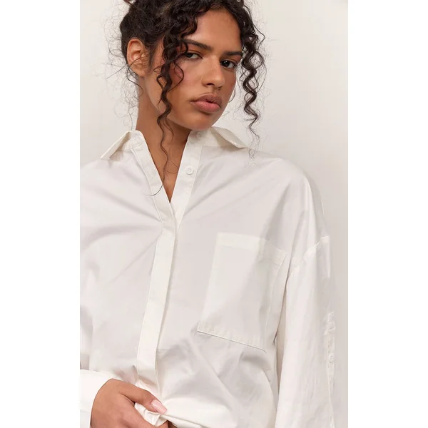 Blanc Chemise Oversize En Coton Avec Détail Boutons Aux Manches