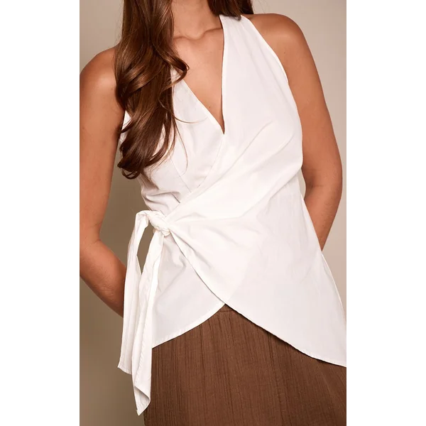 Blanc Chemise Sans Manches À Rayures Avec Détail Nœud Noué