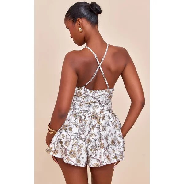 Blanc Combinaison Courte À Encolure Américaine Tissée À Motif Floral